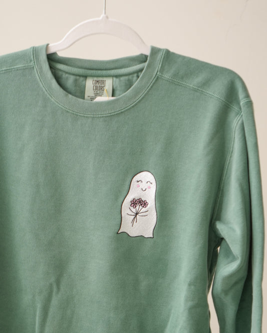 Floral Ghost Embroidered Crewneck - Green