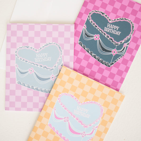 Birthday Vintage Heart Cake Greeting Card - Choose Your Color