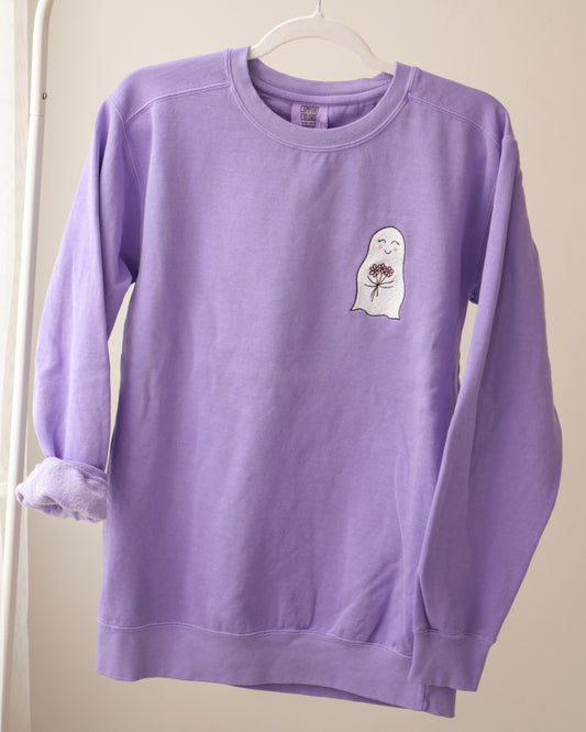 Floral Ghost Embroidered Crewneck - Purple