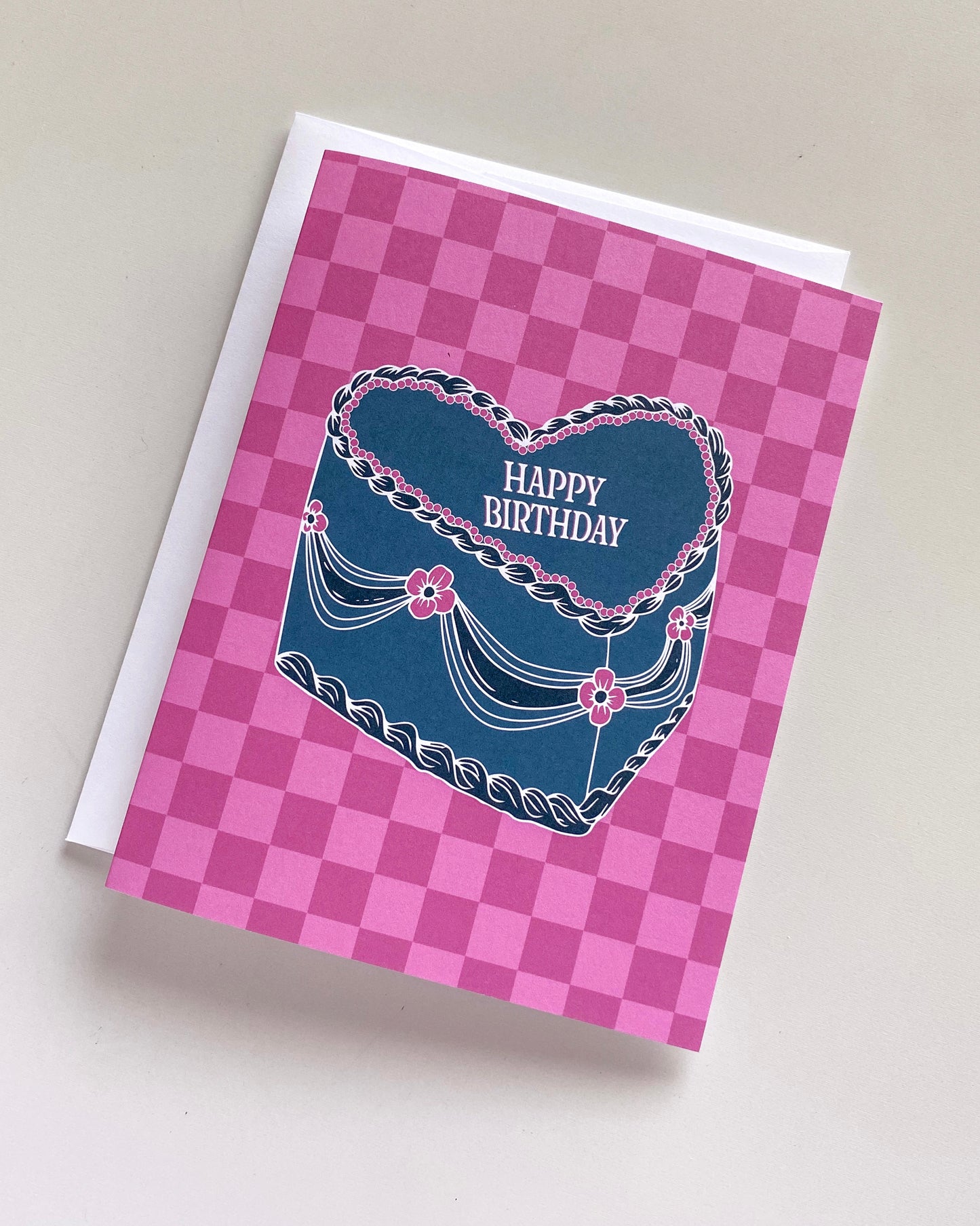 Birthday Vintage Heart Cake Greeting Card - Choose Your Color